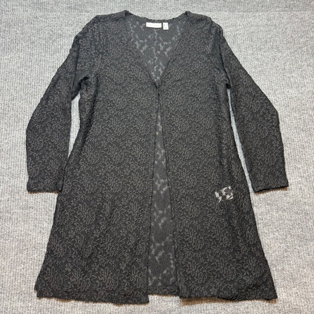 Susan‎ Graver Womens Medium Black Floral Lace Open Front Long Cardigan Duster